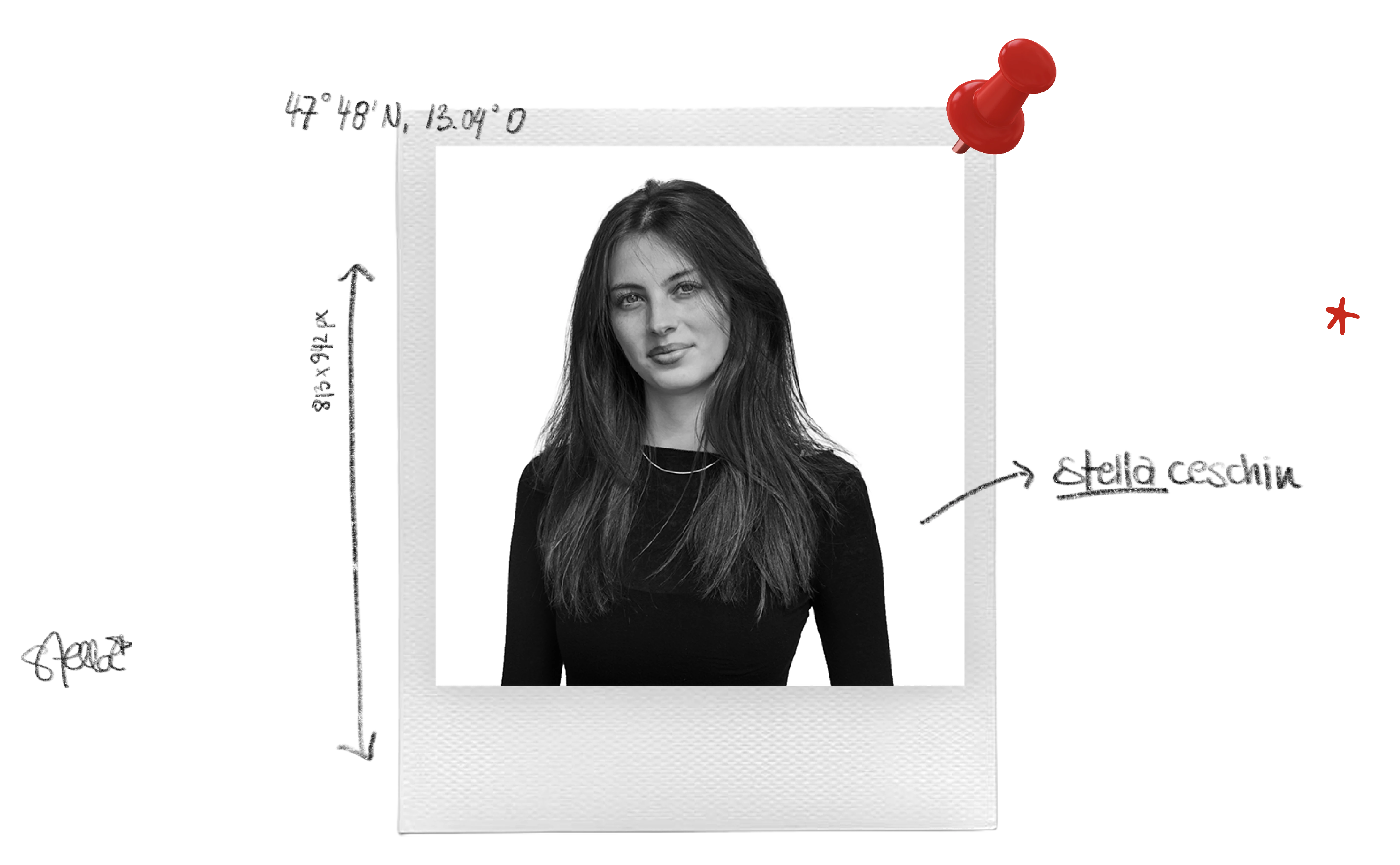 A hand-assembled portrait of Stella with handwritten notes and a red pushpin.